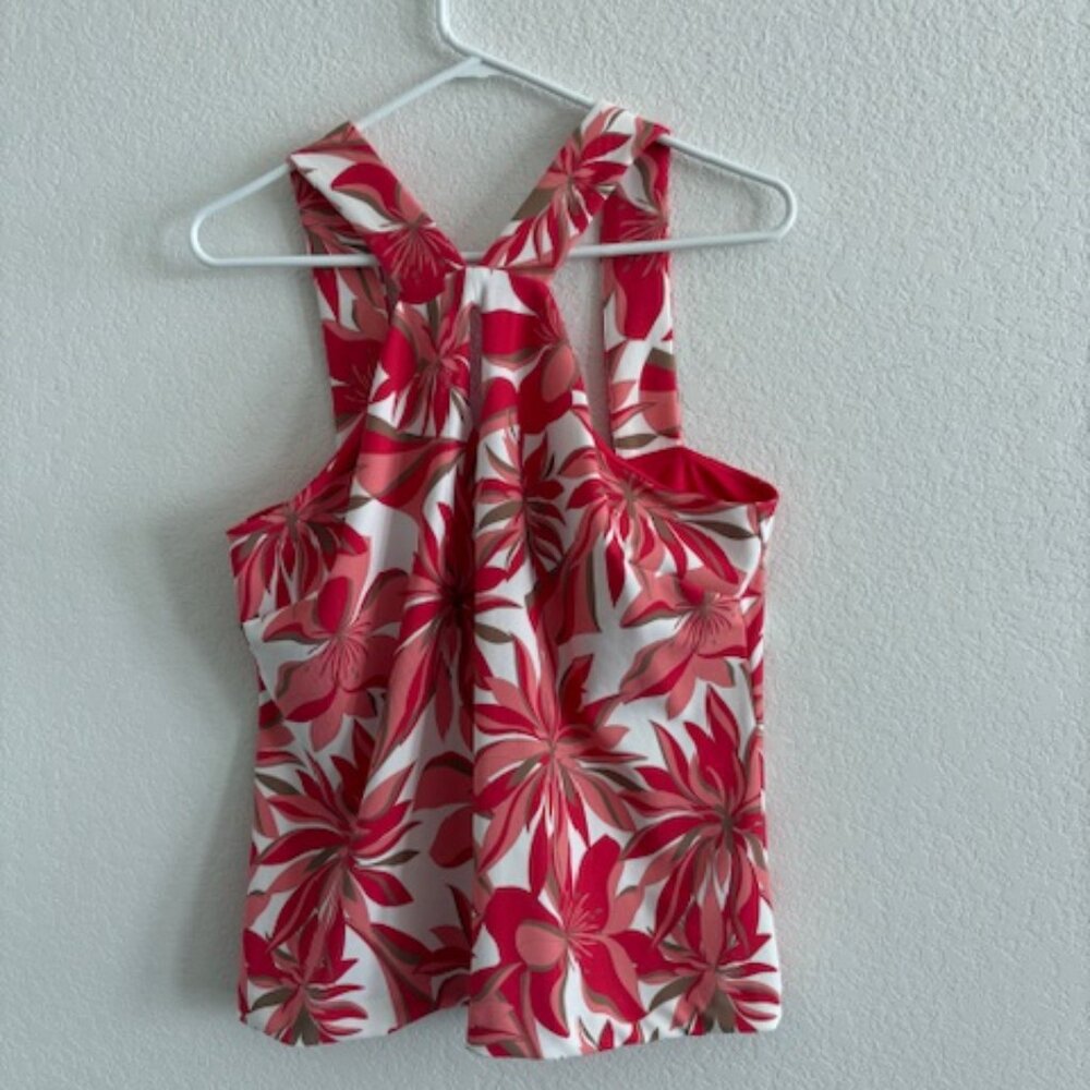 BOSTON PROPER BEYOND TRAVEL SLEEVELESS KEYHOLE TOP, ORANGE MULTI FLORAL, SIZE L